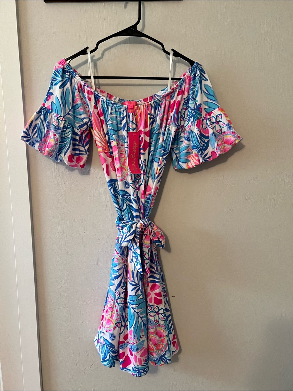 Lilly Pulitzer Off-Shoulder Floral Tie-Waist Dress - Blue, Pink & White